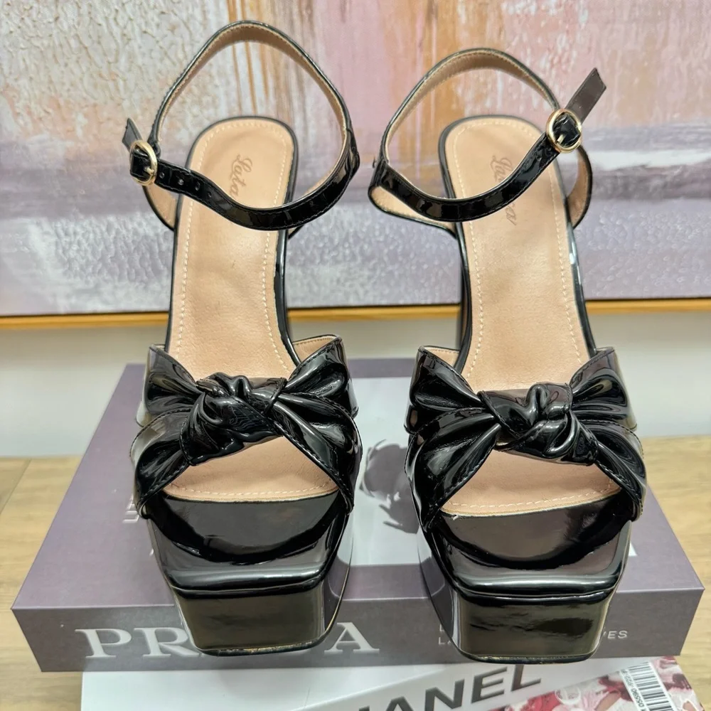 ❤️ NEW! Black Patent Platform Sandals Heels Chunky Knot Summer Wedding Strappy - Picture 6 of 9